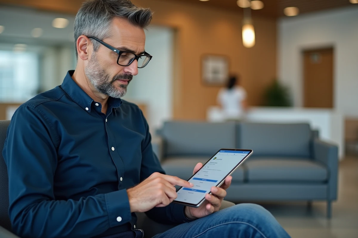 Homme consultant et modifiant ses informations personnelles sur l'application bancaire depuis une agence bancaire moderne