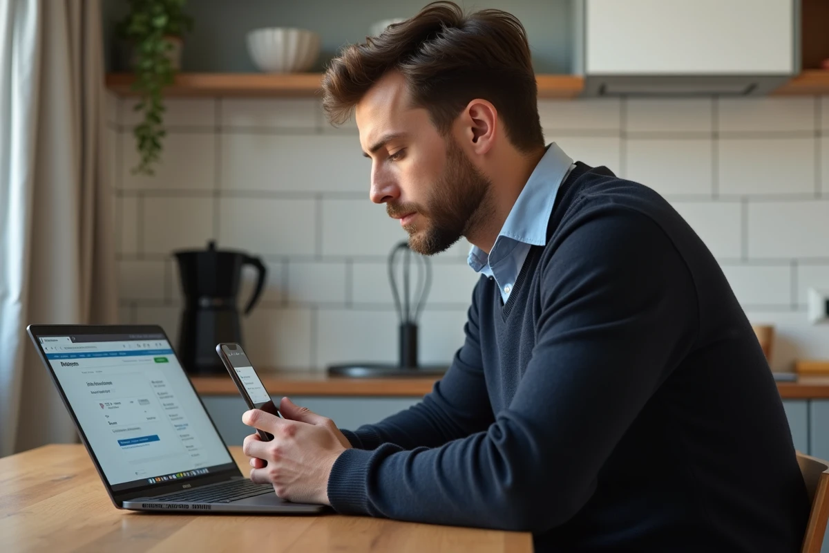 Homme consultant l'application bancaire Banque Postale pour modifier son plafond de retrait avant un achat important