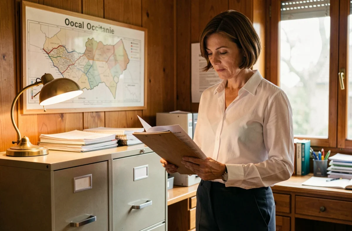 Comptable de Neria Compta consultant un dossier client debout dans son bureau en Occitanie