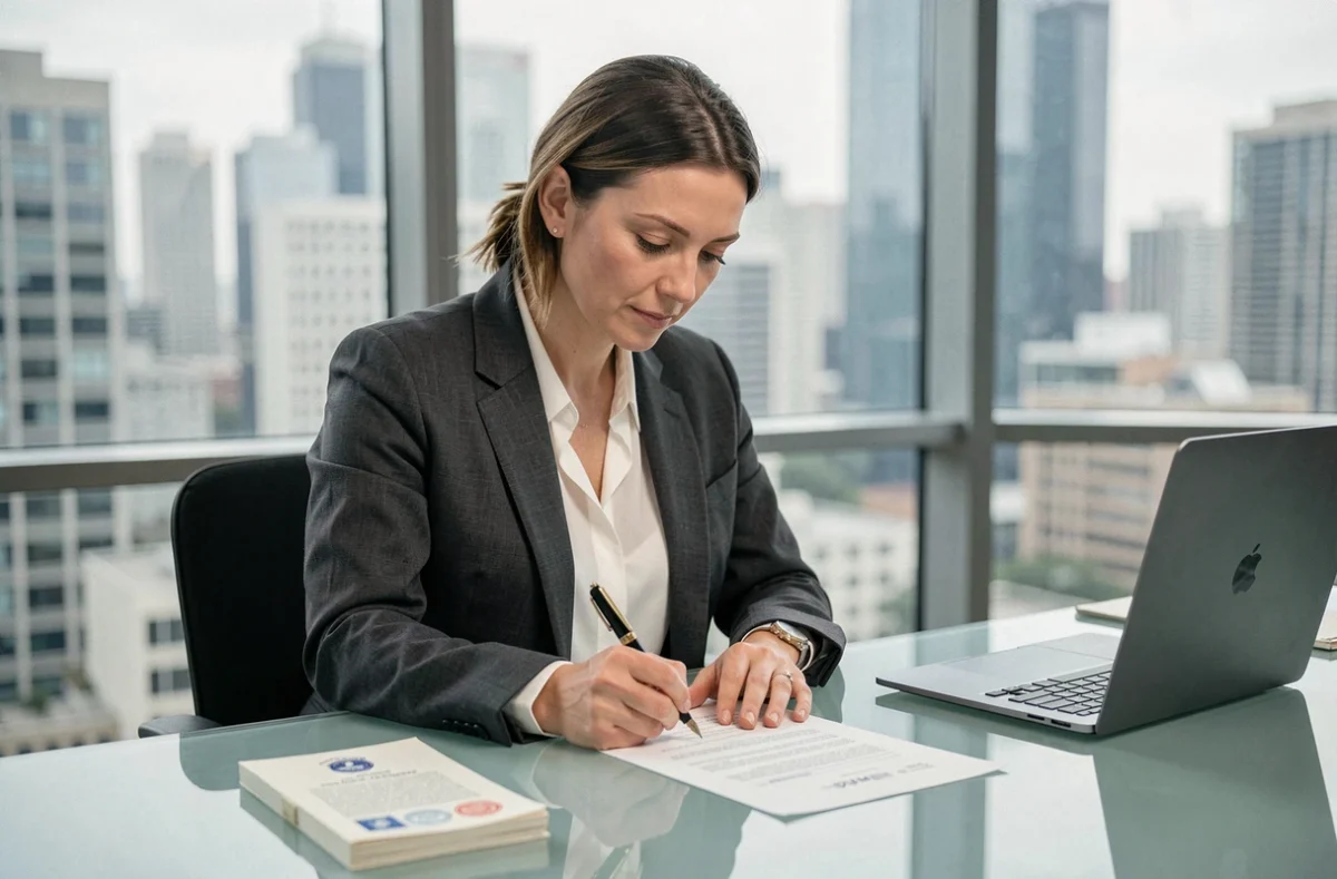 Notaire femme annotant un contrat juridique dans un bureau moderne avec vue sur la ville