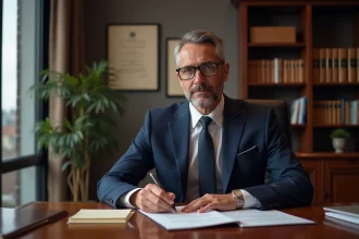 Notaire en costume signant des documents officiels dans son bureau