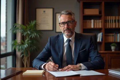 Notaire en costume signant des documents officiels dans son bureau