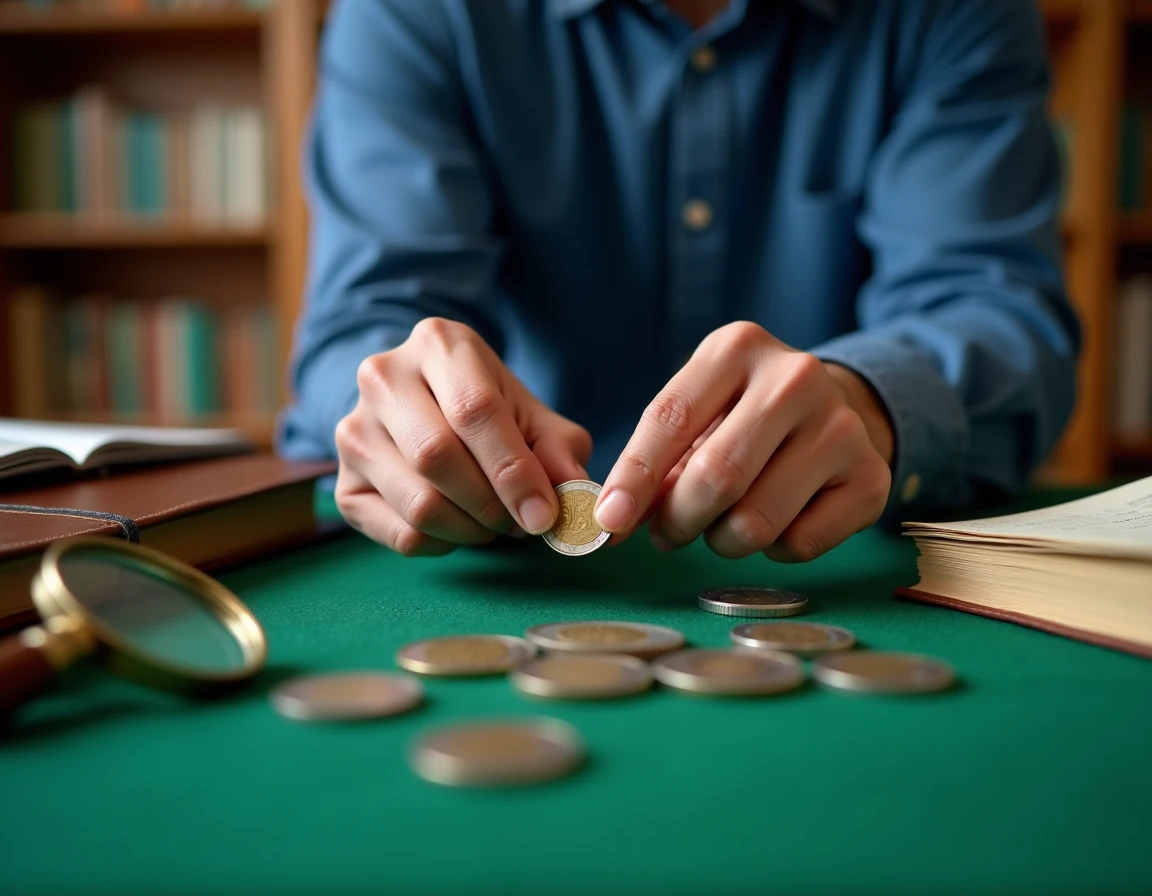 Numismate tenant une pièce de 2 euros rare entre ses doigts au-dessus d'une table de travail avec loupe et catalogue de pièces