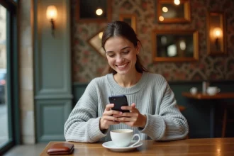 Jeune femme française effectuant un paiement en ligne avec son smartphone dans un café parisien
