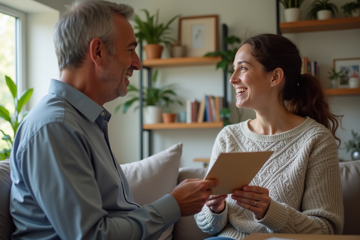 Père donne une enveloppe à sa fille dans le salon
