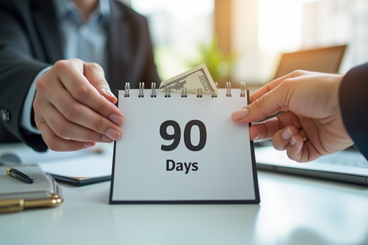 Deux mains échangent une enveloppe avec un calendrier marqué 90 jours