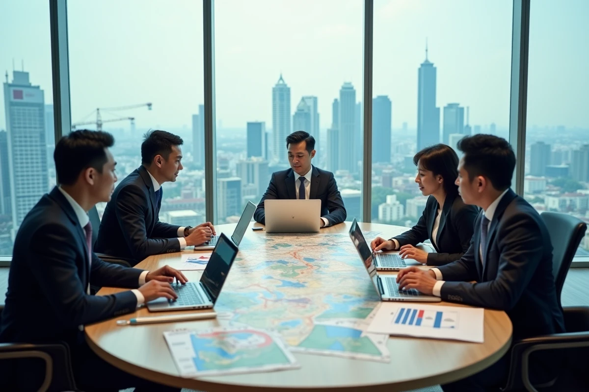 Des professionnels de pays émergents discutent de géopolitique mondiale autour d'une table de conférence avec des cartes économiques