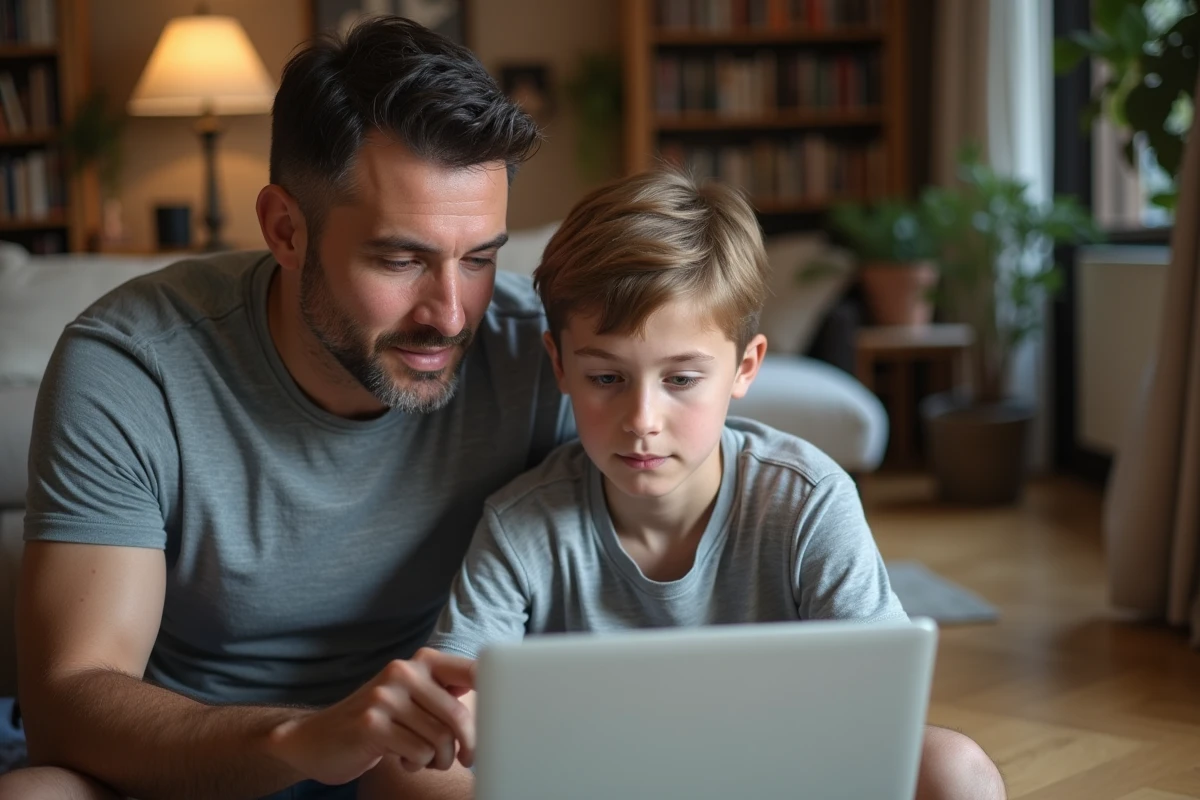 Père et fils consultant ensemble le tableau de bord du compte Pixpay sur un ordinateur portable dans un salon familial