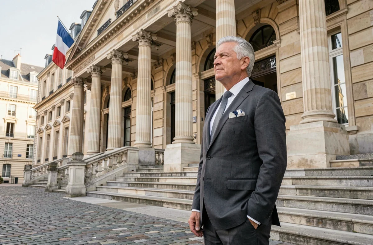 Personnalité politique locale debout devant un bâtiment municipal français historique, évoquant la fin de carrière et le bilan d'un mandat électif de longue durée