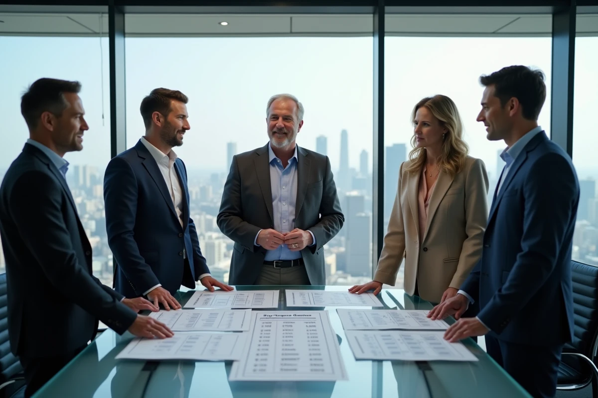 Personnalites TV avec graphiques de salaires dans un bureau