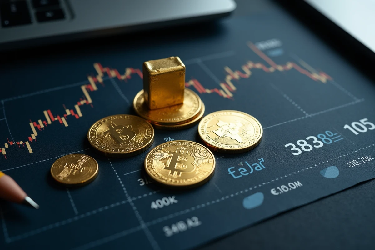 Pièces et lingot d'or 24 carats posés sur velours sombre avec graphique de prix en euros