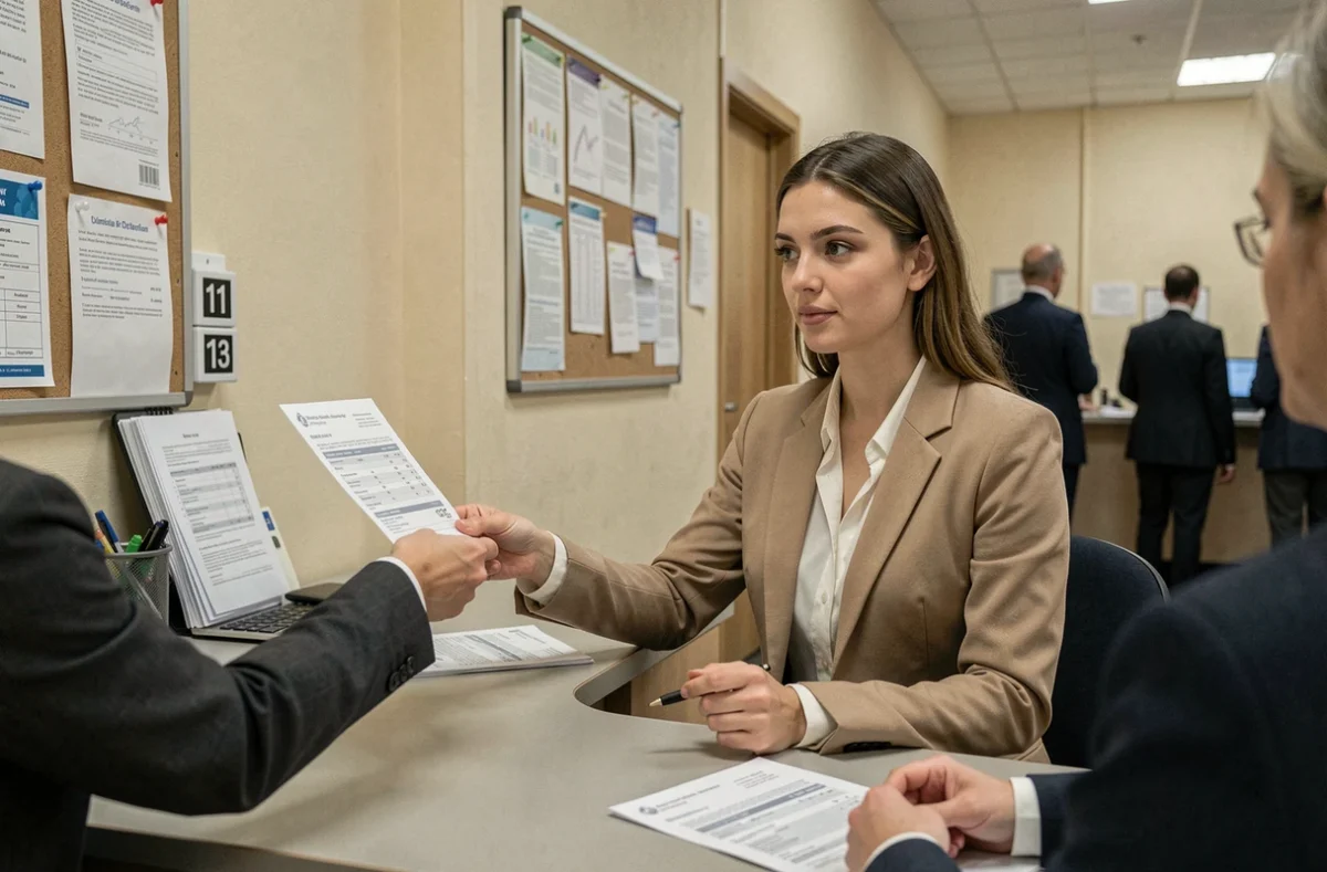 Jeune femme présentant un relevé de compte Crédit Agricole imprimé dans un bureau administratif lors d'une démarche officielle