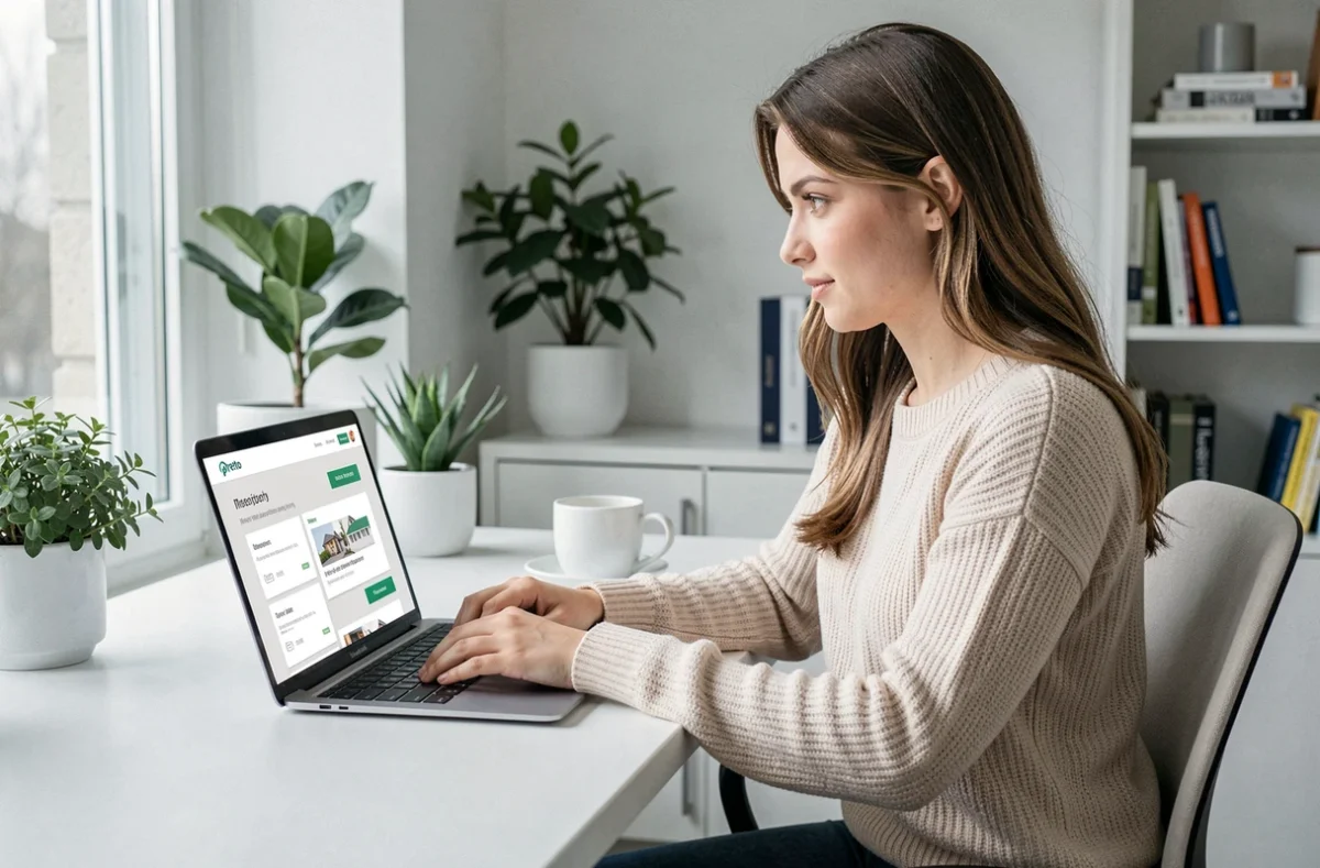 Jeune femme utilisant la plateforme en ligne Pretto pour comparer des offres de crédit immobilier