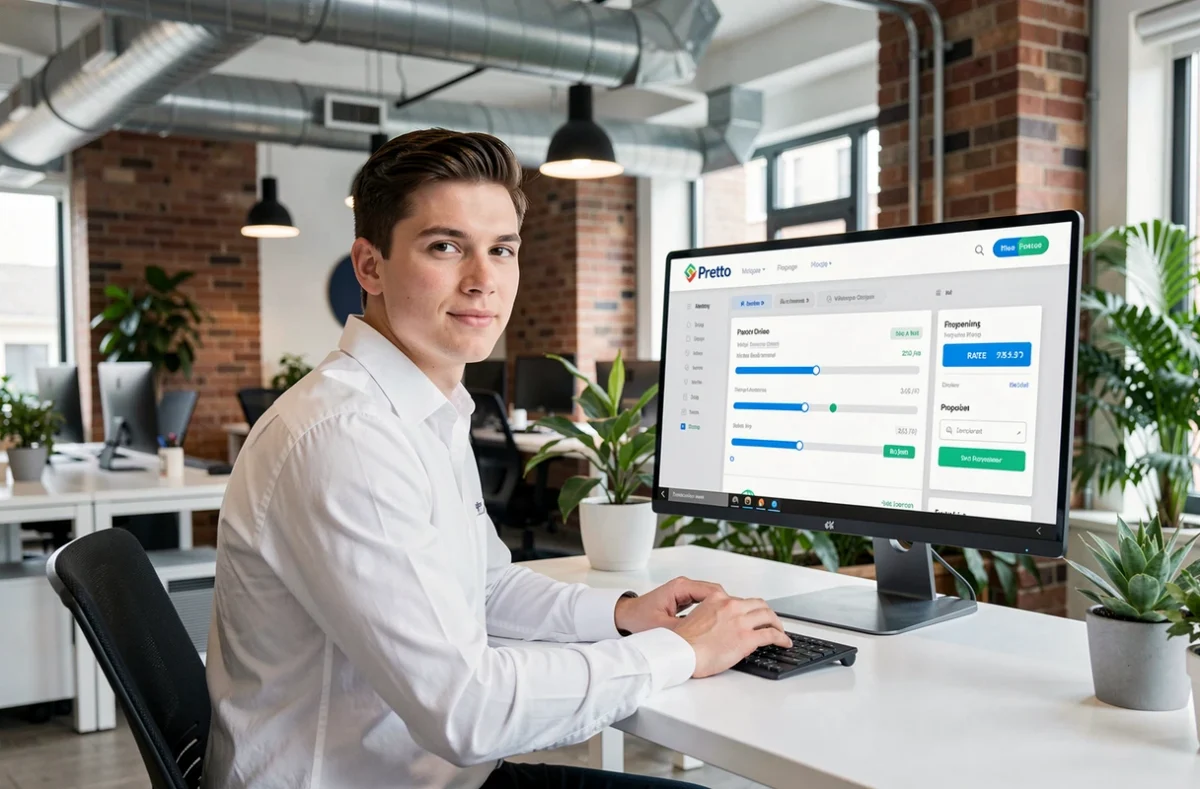 Utilisateur de la plateforme en ligne Pretto simulant un prêt immobilier depuis un espace de travail moderne