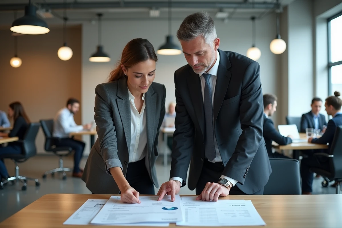 Deux professionnels en entreprise qui analysent des factures et documents financiers dans un espace de coworking moderne