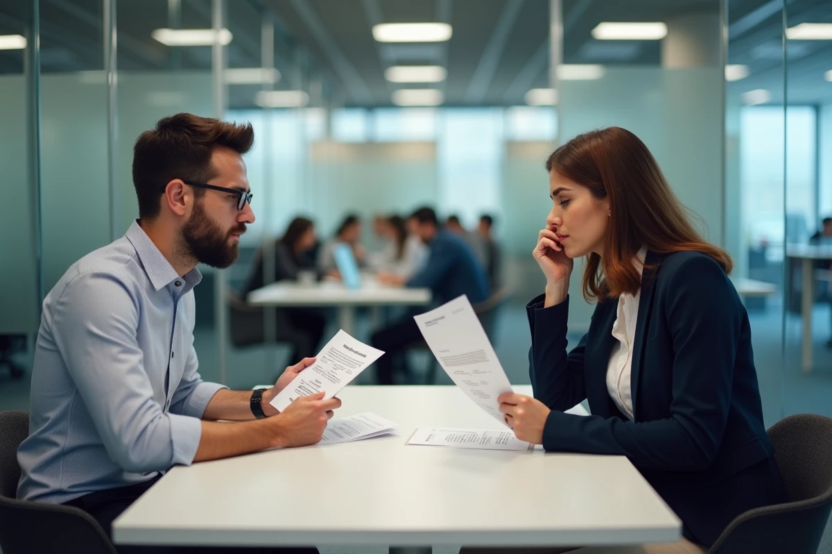Deux professionnels déçus examinant des relevés de compte bancaire professionnel en réunion