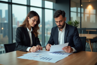 Homme et femme d'affaires examinant des documents financiers