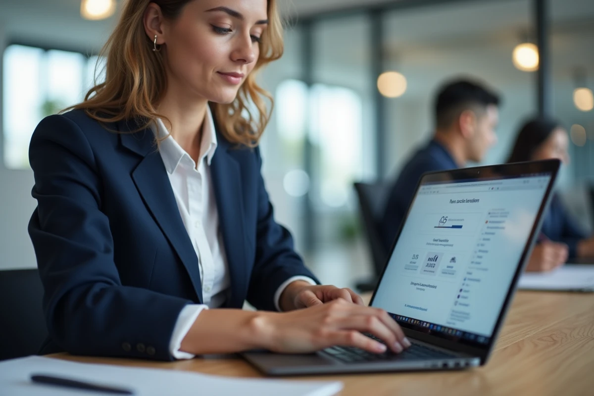 Une femme professionnelle vérifie les paramètres de son compte bancaire Société Générale sur un ordinateur portable dans un bureau moderne