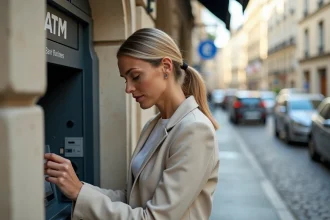 Femme retirant de l'argent à un distributeur automatique de la Banque Postale en centre-ville avant un gros achat