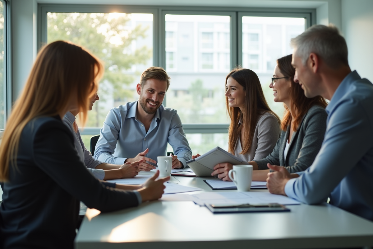 Discussion entre professionnels et conseiller RH en bureau