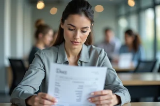 Femme salariée examinant sa fiche de paie dans un bureau moderne, illustrant la conversion salaire brut net 2400 euros