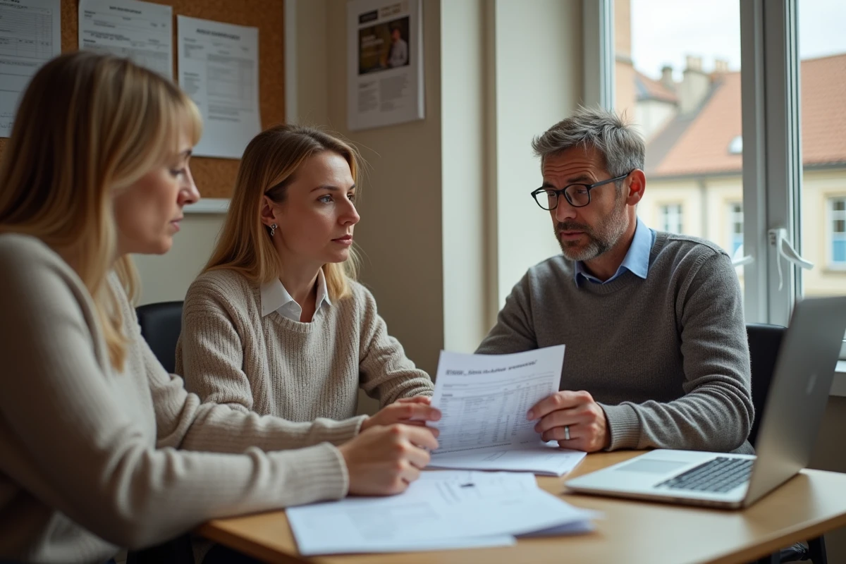 Groupe de salariés français analysant leurs fiches de paie et un budget familial dans un bureau modeste, représentant la stagnation des revenus médians en France