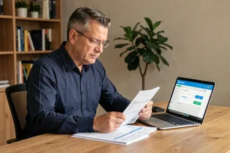Homme consultant ses finances en ligne sur un ordinateur portable dans un bureau à domicile, illustrant les précautions pour sécuriser son argent