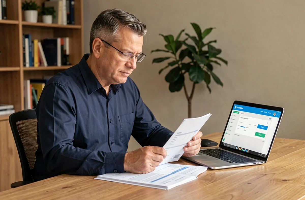 Homme consultant ses finances en ligne sur un ordinateur portable dans un bureau à domicile, illustrant les précautions pour sécuriser son argent