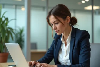 Femme professionnelle consultant les alertes de sécurité de sa banque en ligne sur un ordinateur portable au bureau