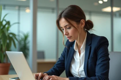 Femme professionnelle consultant les alertes de sécurité de sa banque en ligne sur un ordinateur portable au bureau