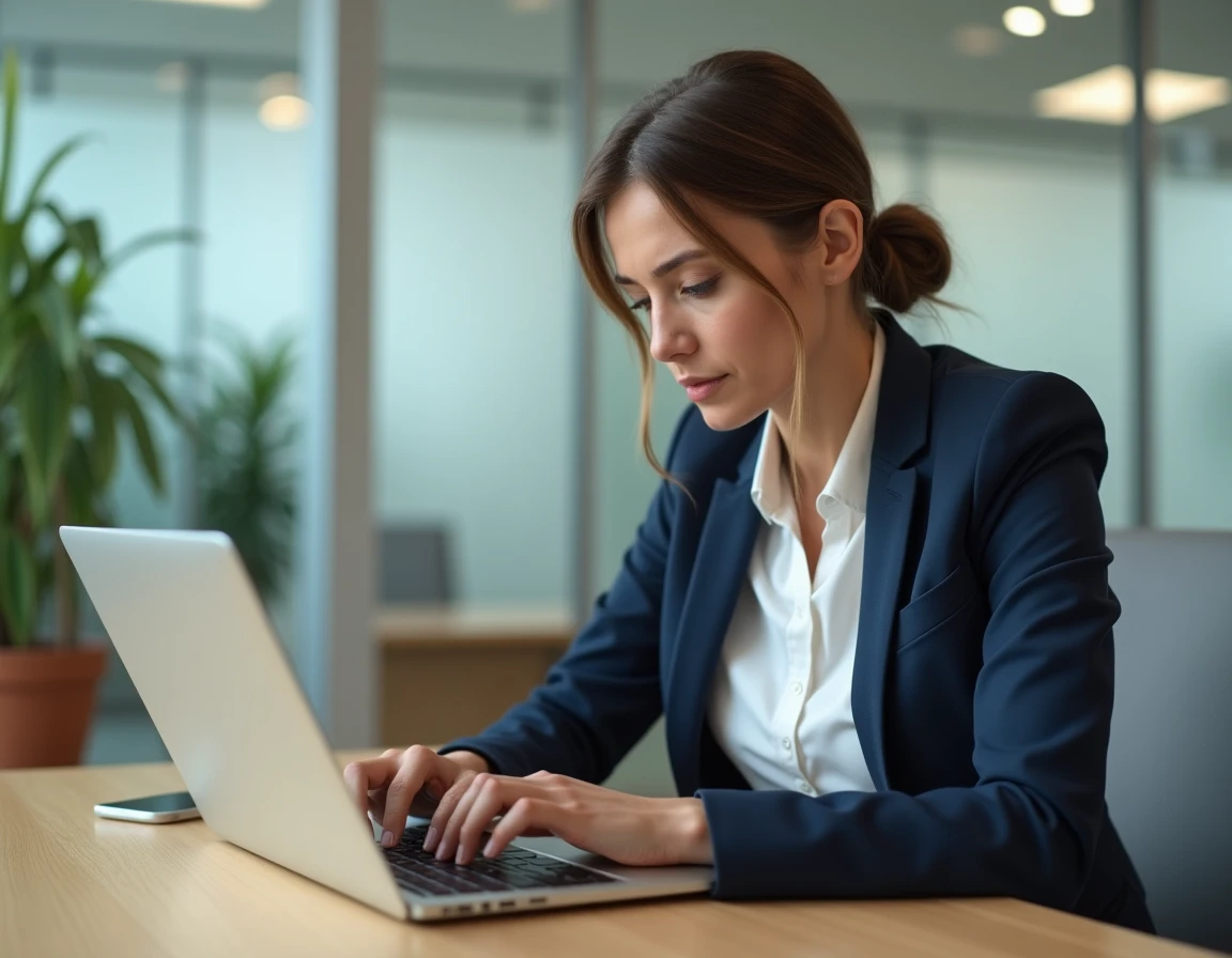 Femme professionnelle consultant les alertes de sécurité de sa banque en ligne sur un ordinateur portable au bureau