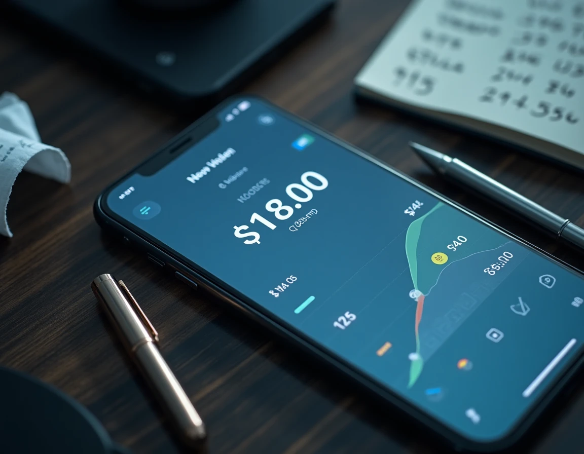 Smartphone affichant un solde bancaire négatif avec calculs budgétaires manuscrits sur un bureau