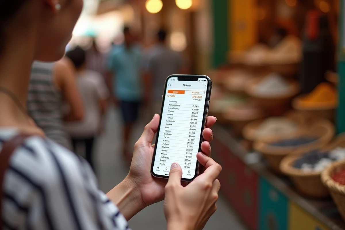Jeune femme consultant un tableau de conversion dirham euro sur smartphone dans un souk marocain