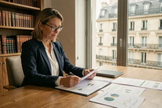 Professionnelle examinant des documents de souscription à une SCPI à capital fixe dans un bureau moderne à Paris