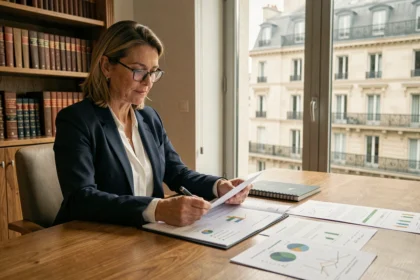Professionnelle examinant des documents de souscription à une SCPI à capital fixe dans un bureau moderne à Paris