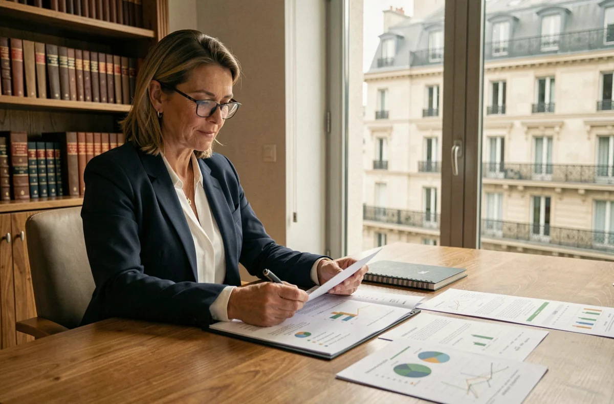 Professionnelle examinant des documents de souscription à une SCPI à capital fixe dans un bureau moderne à Paris