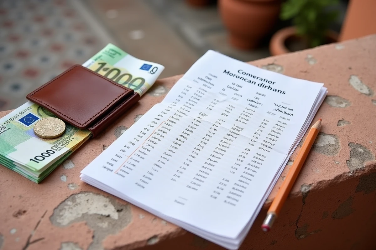 Tableau de conversion dirham euro imprimé posé à plat avec carte de voyage et monnaie dans un riad marocain