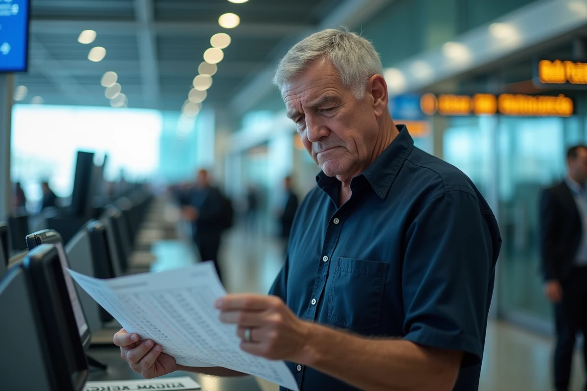 Homme lisant les taux de change euro dinar algérien à un comptoir de change dans un aéroport