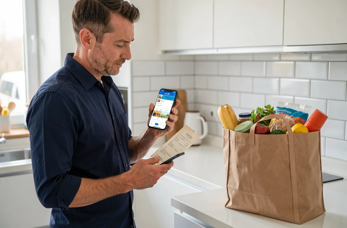 Homme comparant un ticket de caisse Carrefour papier avec l'application mobile pour retrouver sa facture