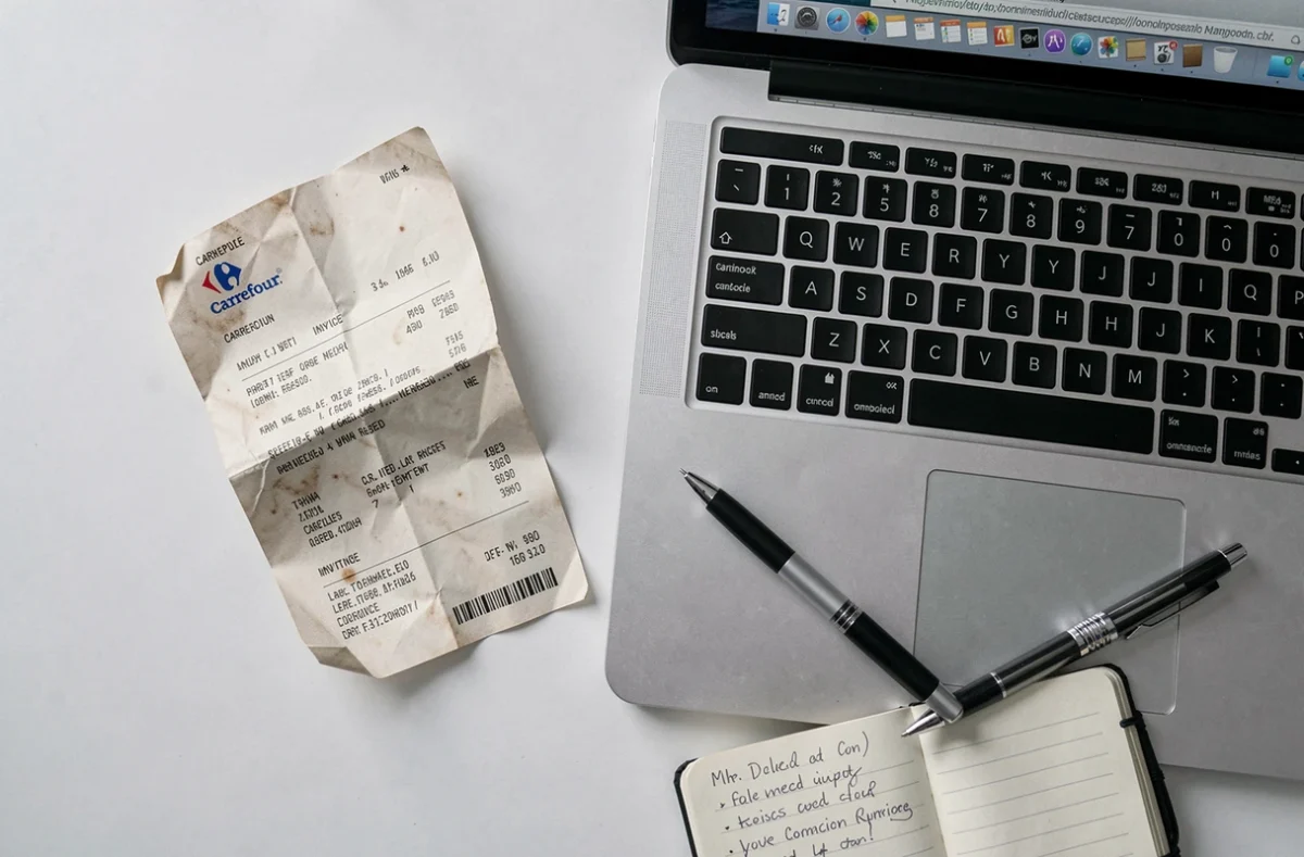 Ticket de caisse Carrefour froissé posé à côté d'un ordinateur affichant une facture en ligne par email