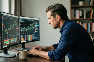 Trader masculin concentré analysant des graphiques financiers sur deux écrans dans un bureau moderne à domicile