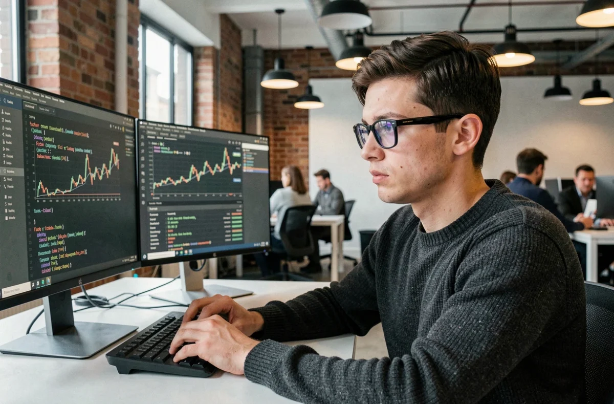 Jeune trader quantitatif analysant les données de facteurs Fama-French en Python sur deux écrans dans un espace de coworking moderne