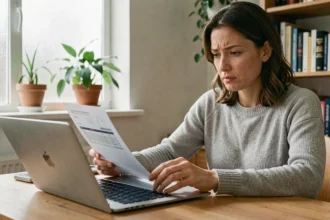 Femme consultant un relevé bancaire et un ordinateur portable pour vérifier la mise à jour de son RIB sur France Travail