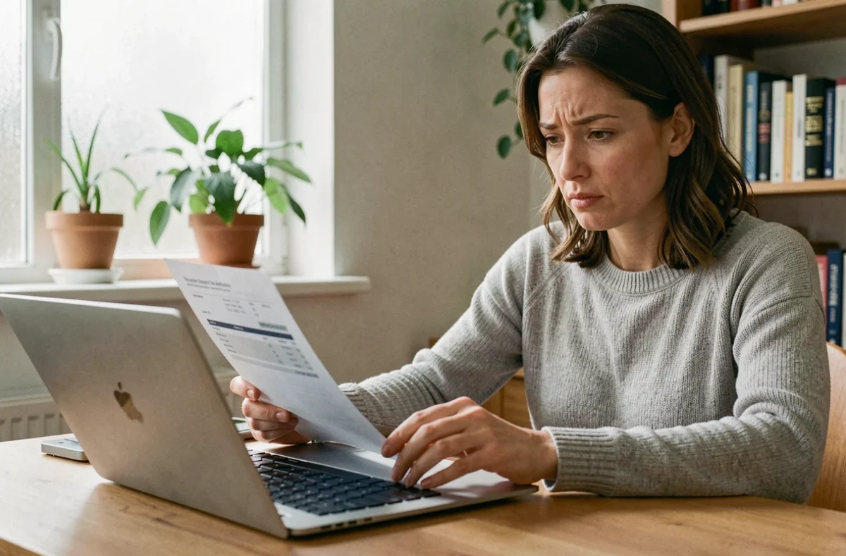 Femme consultant un relevé bancaire et un ordinateur portable pour vérifier la mise à jour de son RIB sur France Travail