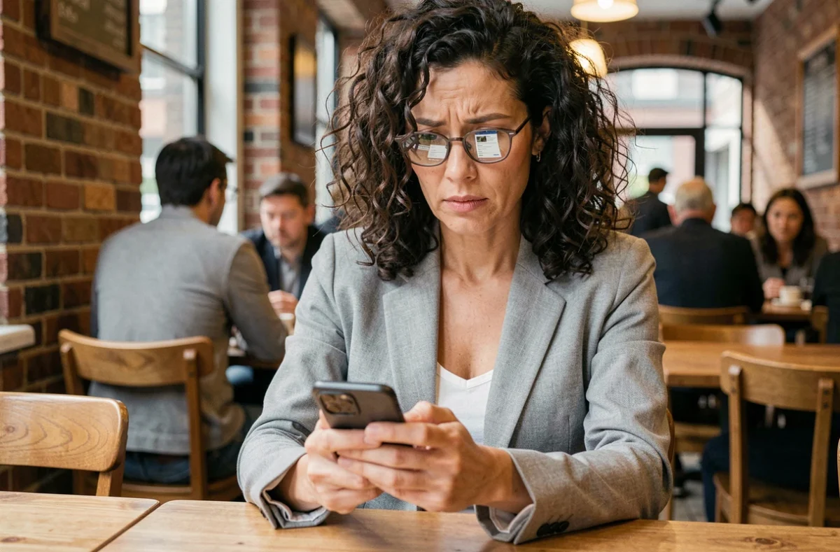 Femme vérifiant la sécurité de ses transactions financières sur smartphone dans un café, symbolisant la vigilance numérique pour protéger son argent
