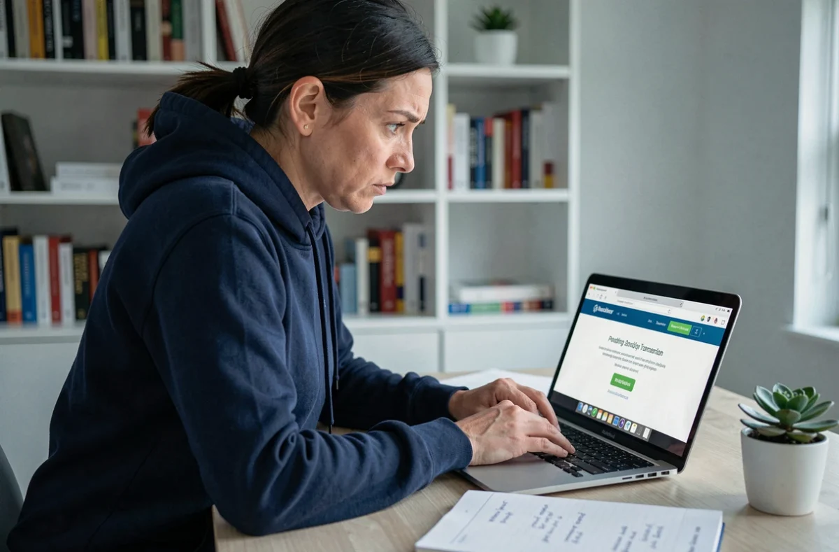 Femme inquiète consultant son application bancaire Caisse d'Épargne pour un virement en attente le week-end