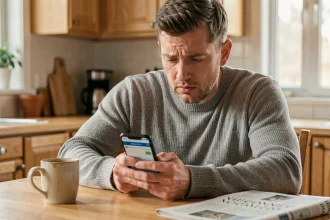 Homme frustré tentant un virement bancaire bloqué sur son smartphone le week-end à la maison