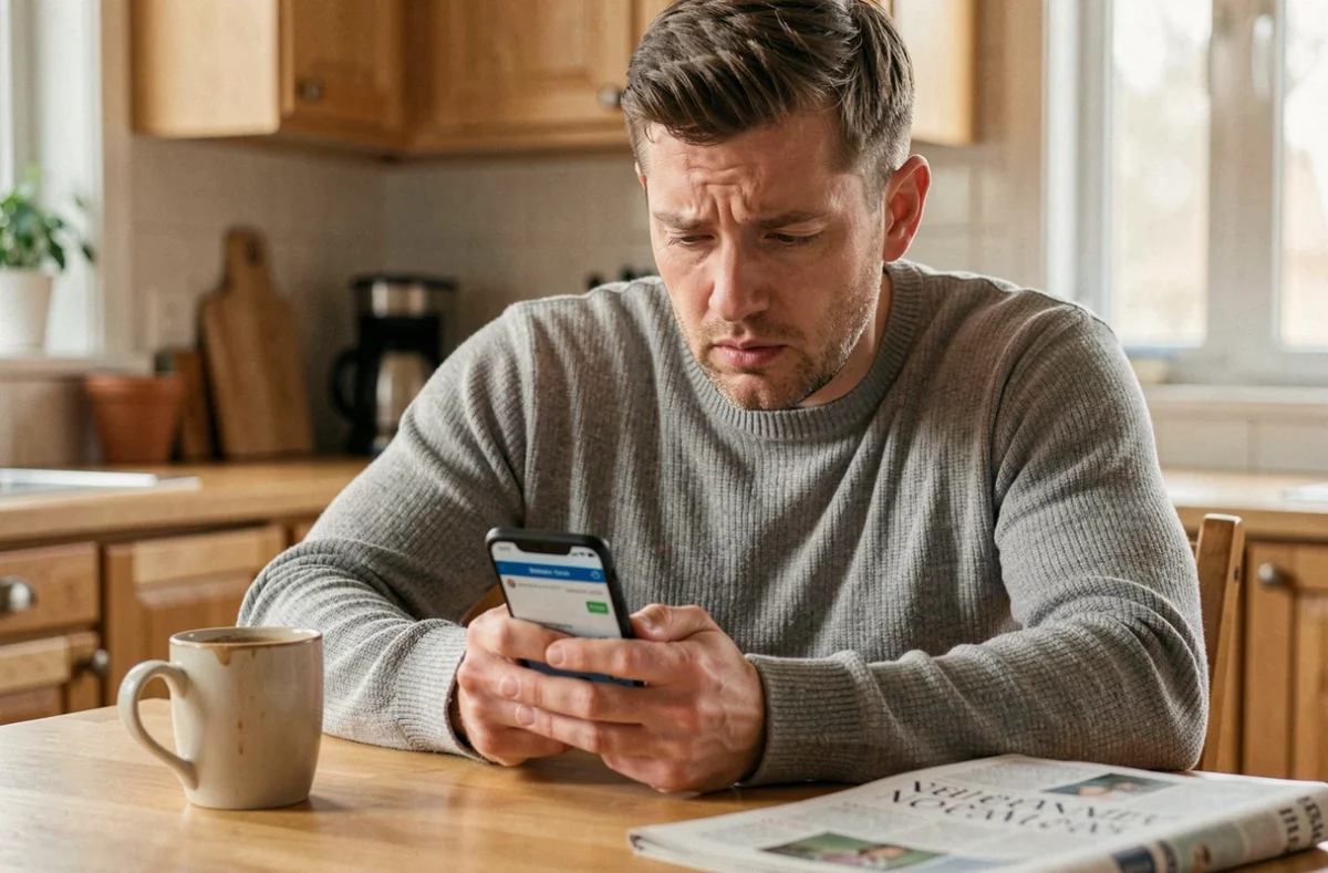 Homme frustré tentant un virement bancaire bloqué sur son smartphone le week-end à la maison
